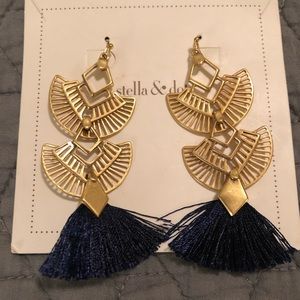 Stella & Dot gold earrings with navy fringe detail
